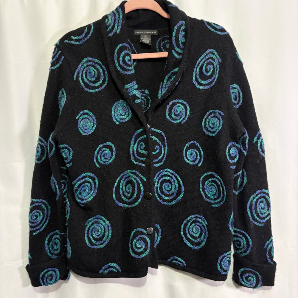 Sarah Spencer Lambswool Blend Spiral Knit Cardigan Sweater Black Teal XL